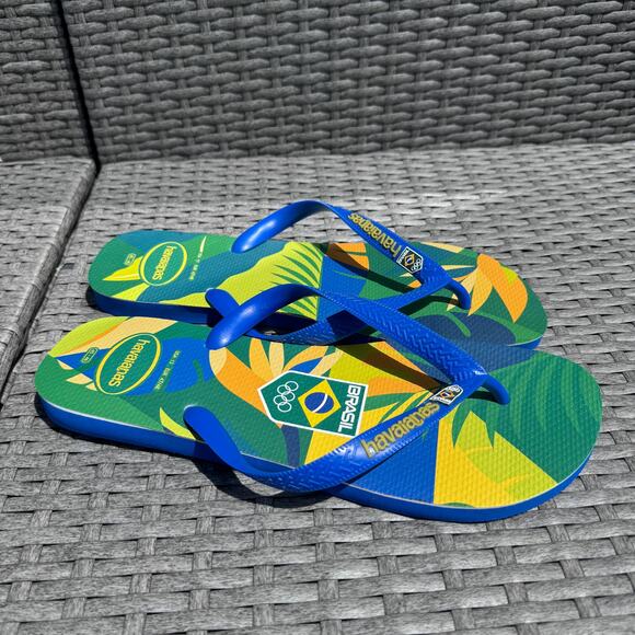 Havaianas Brazil Olympic Team Floral Flip Flop Slipper Blue Green Womens Size 13 - Picture 1 of 9